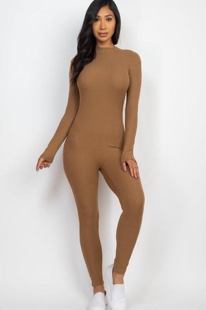 Ribbed Mock Neck Long Sleeve Casual Jumpsuit - Capella Apparel