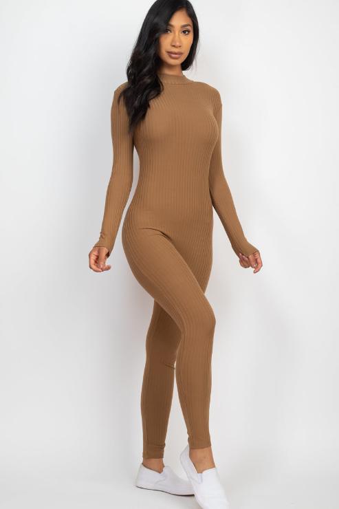 Ribbed Mock Neck Long Sleeve Casual Jumpsuit - Capella Apparel