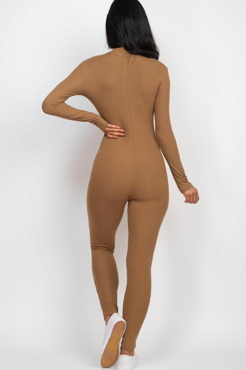 Ribbed Mock Neck Long Sleeve Casual Jumpsuit - Capella Apparel