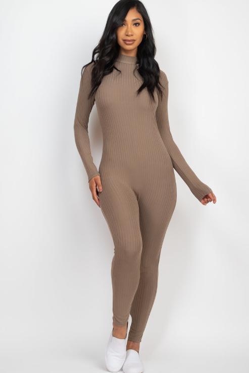 Ribbed Mock Neck Long Sleeve Casual Jumpsuit - Capella Apparel