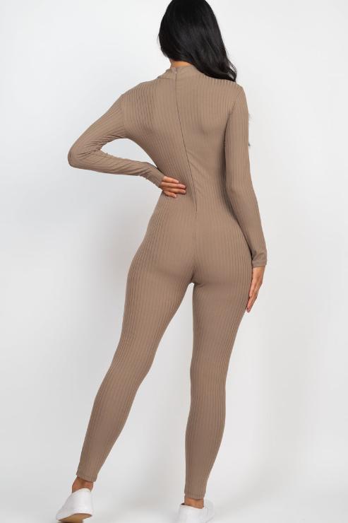 Ribbed Mock Neck Long Sleeve Casual Jumpsuit - Capella Apparel