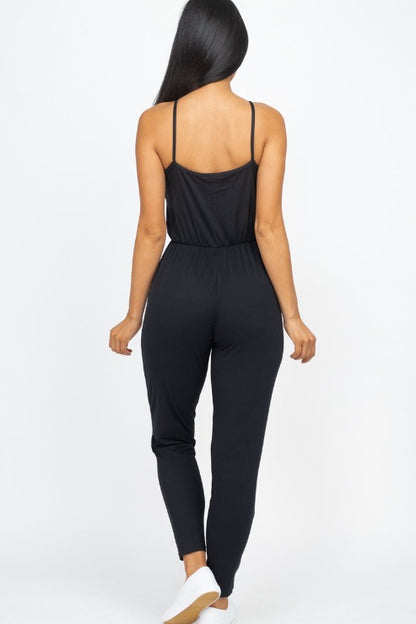 Solid Spaghetti Strap Elastic Waist Jumpsuit - Wholesale Capella Apparel