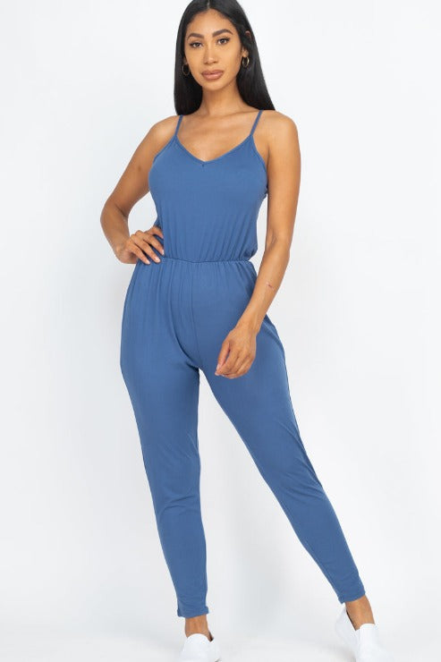 Solid Spaghetti Strap Elastic Waist Jumpsuit - Wholesale Capella Apparel