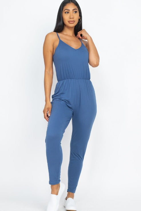 Solid Spaghetti Strap Elastic Waist Jumpsuit - Wholesale Capella Apparel