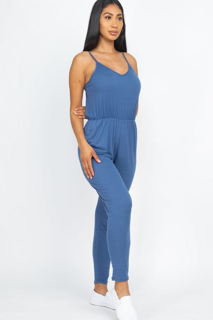 Solid Spaghetti Strap Elastic Waist Jumpsuit - Wholesale Capella Apparel