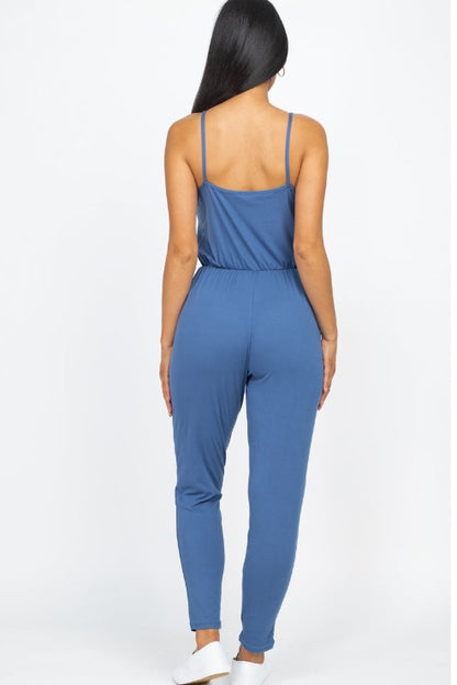 Solid Spaghetti Strap Elastic Waist Jumpsuit - Wholesale Capella Apparel