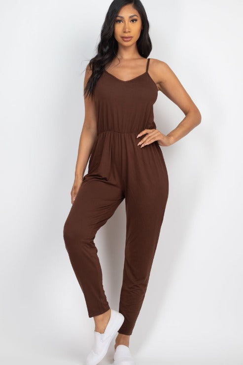 Solid Spaghetti Strap Elastic Waist Jumpsuit (CAPELLA) - Capella Apparel