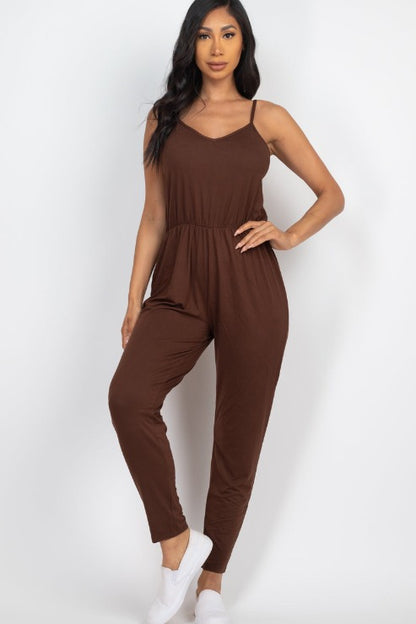 Solid Spaghetti Strap Elastic Waist Jumpsuit (CAPELLA) - Capella Apparel