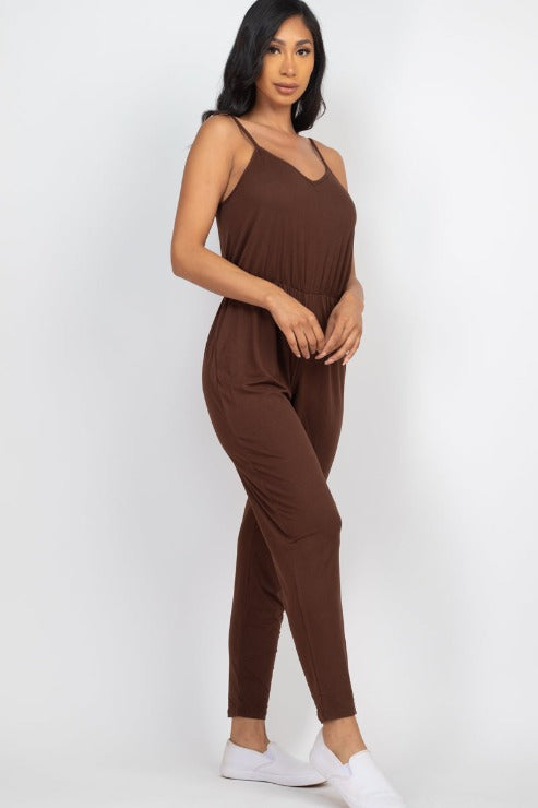 Solid Spaghetti Strap Elastic Waist Jumpsuit - Wholesale Capella Apparel