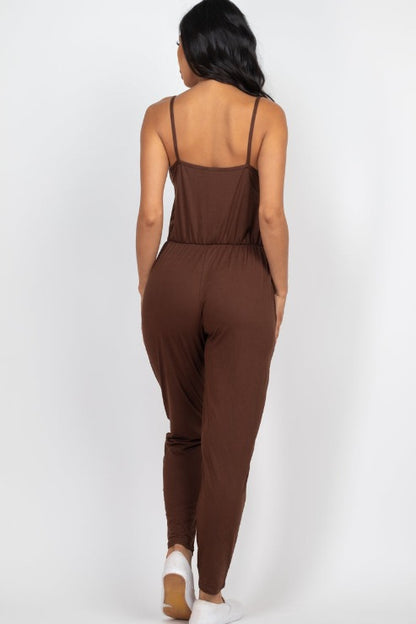 Solid Spaghetti Strap Elastic Waist Jumpsuit (CAPELLA) - Capella Apparel