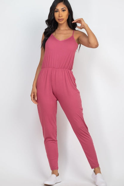 Solid Spaghetti Strap Elastic Waist Jumpsuit - Wholesale Capella Apparel