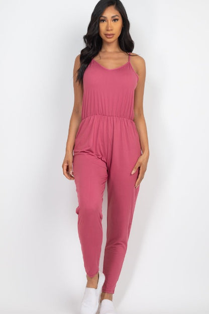 Solid Spaghetti Strap Elastic Waist Jumpsuit (CAPELLA) - Capella Apparel