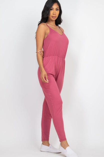 Solid Spaghetti Strap Elastic Waist Jumpsuit - Wholesale Capella Apparel