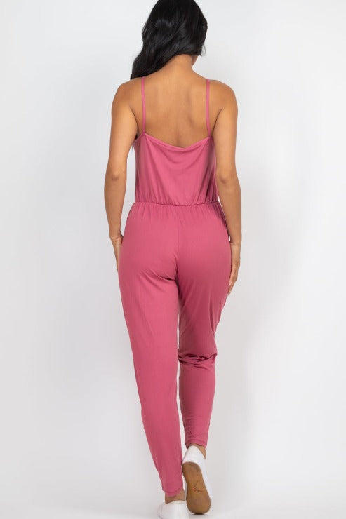 Solid Spaghetti Strap Elastic Waist Jumpsuit (CAPELLA) - Capella Apparel