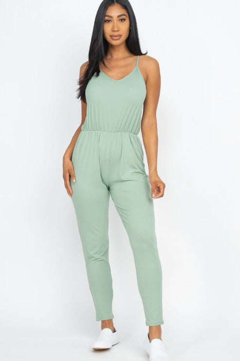 Solid Spaghetti Strap Elastic Waist Jumpsuit - Wholesale Capella Apparel