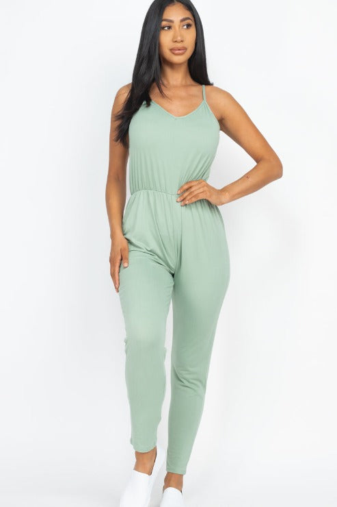 Solid Spaghetti Strap Elastic Waist Jumpsuit - Wholesale Capella Apparel