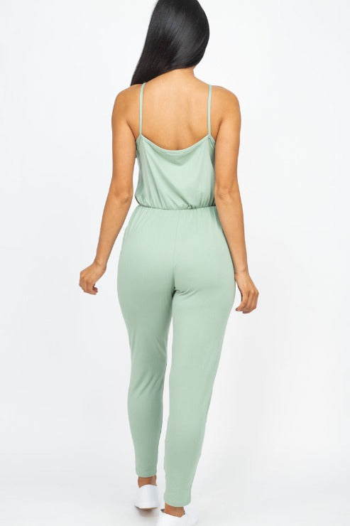 Solid Spaghetti Strap Elastic Waist Jumpsuit - Wholesale Capella Apparel