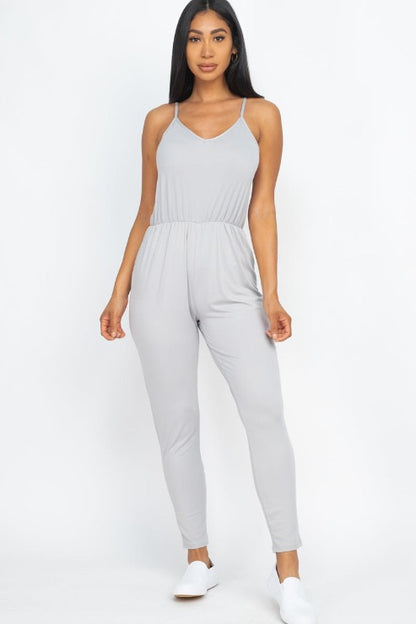 Solid Spaghetti Strap Elastic Waist Jumpsuit (CAPELLA) - Capella Apparel