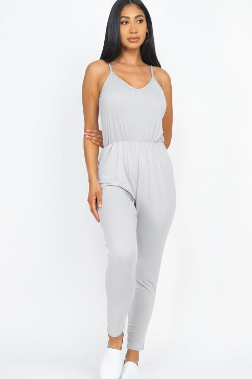 Solid Spaghetti Strap Elastic Waist Jumpsuit (CAPELLA) - Capella Apparel