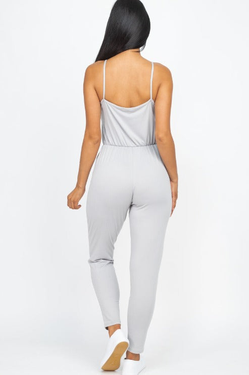 Solid Spaghetti Strap Elastic Waist Jumpsuit (CAPELLA) - Capella Apparel