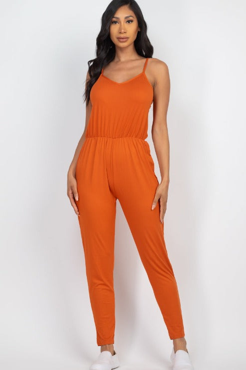 Solid Spaghetti Strap Elastic Waist Jumpsuit - Wholesale Capella Apparel