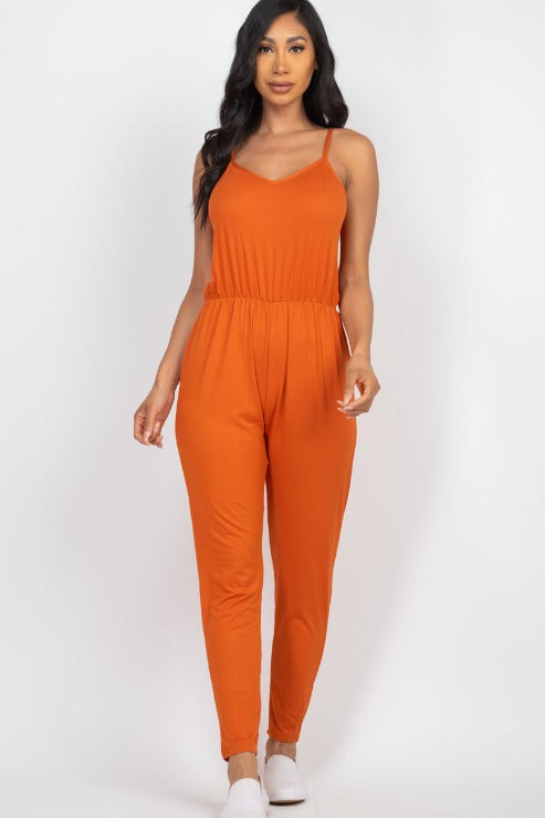 Solid Spaghetti Strap Elastic Waist Jumpsuit - Wholesale Capella Apparel