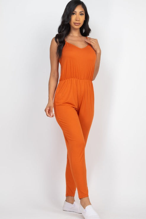 Solid Spaghetti Strap Elastic Waist Jumpsuit (CAPELLA) - Capella Apparel