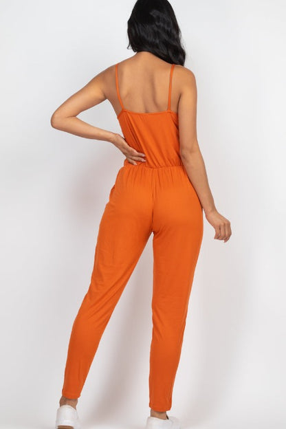 Solid Spaghetti Strap Elastic Waist Jumpsuit - Wholesale Capella Apparel