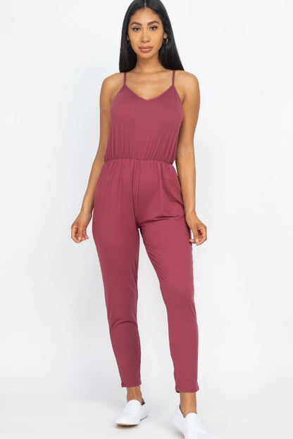 Solid Spaghetti Strap Elastic Waist Jumpsuit - Wholesale Capella Apparel