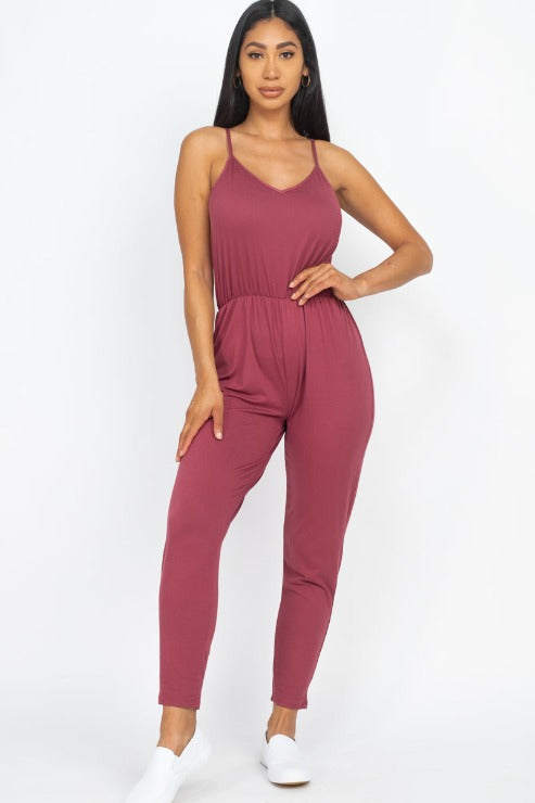 Solid Spaghetti Strap Elastic Waist Jumpsuit - Wholesale Capella Apparel