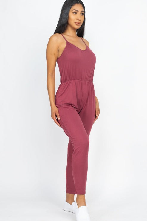 Solid Spaghetti Strap Elastic Waist Jumpsuit - Wholesale Capella Apparel