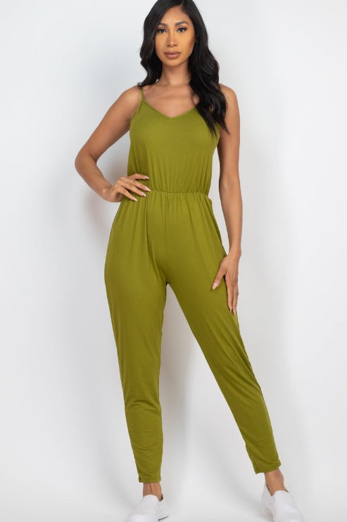 Solid Spaghetti Strap Elastic Waist Jumpsuit - Wholesale Capella Apparel