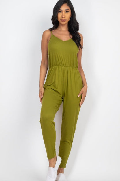 Solid Spaghetti Strap Elastic Waist Jumpsuit (CAPELLA) - Capella Apparel