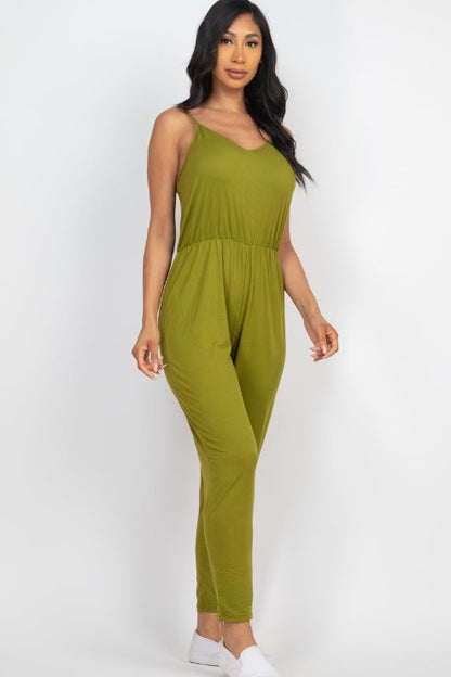 Solid Spaghetti Strap Elastic Waist Jumpsuit (CAPELLA) - Capella Apparel