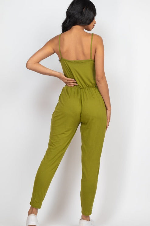 Solid Spaghetti Strap Elastic Waist Jumpsuit - Wholesale Capella Apparel