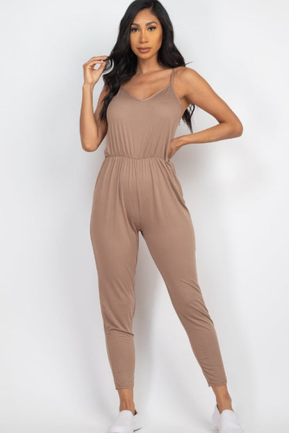 Solid Spaghetti Strap Elastic Waist Jumpsuit - Wholesale Capella Apparel