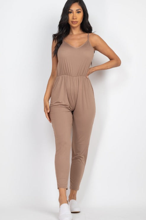 Solid Spaghetti Strap Elastic Waist Jumpsuit - Wholesale Capella Apparel