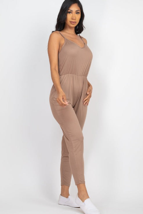 Solid Spaghetti Strap Elastic Waist Jumpsuit - Wholesale Capella Apparel