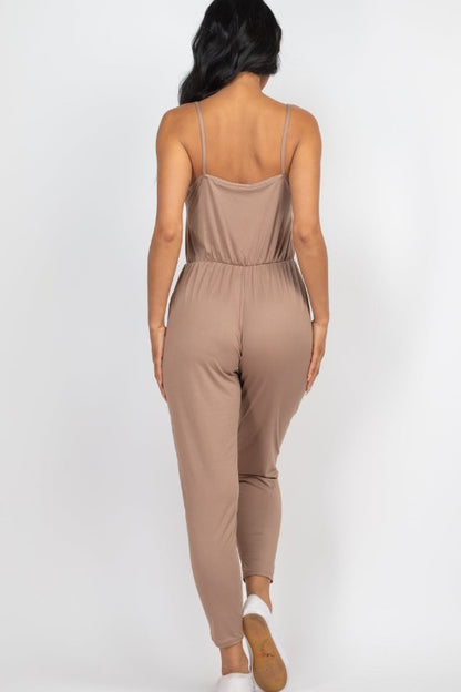 Solid Spaghetti Strap Elastic Waist Jumpsuit - Wholesale Capella Apparel