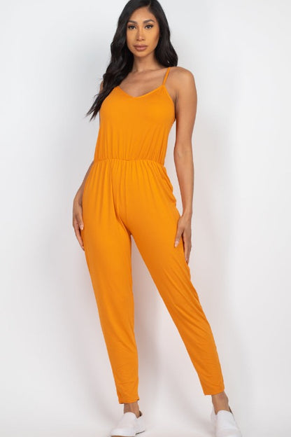 Solid Spaghetti Strap Elastic Waist Jumpsuit - Wholesale Capella Apparel