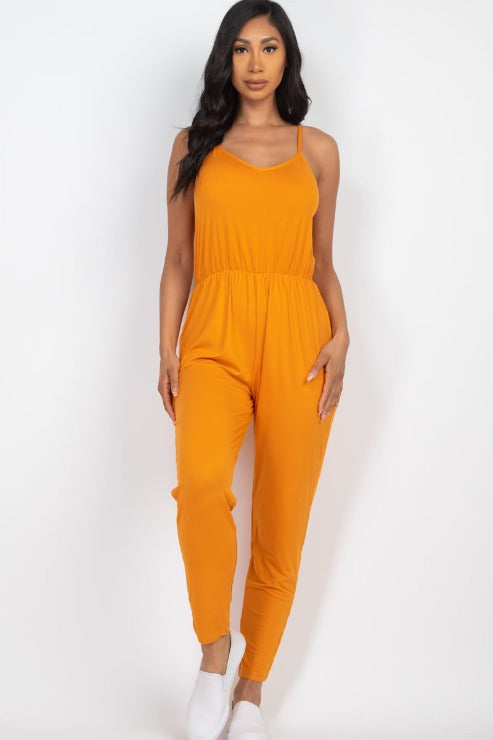 Solid Spaghetti Strap Elastic Waist Jumpsuit - Wholesale Capella Apparel