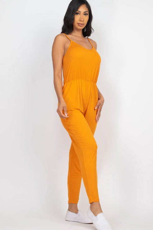 Solid Spaghetti Strap Elastic Waist Jumpsuit - Wholesale Capella Apparel