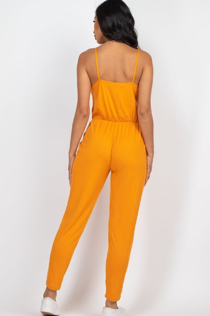 Solid Spaghetti Strap Elastic Waist Jumpsuit - Wholesale Capella Apparel