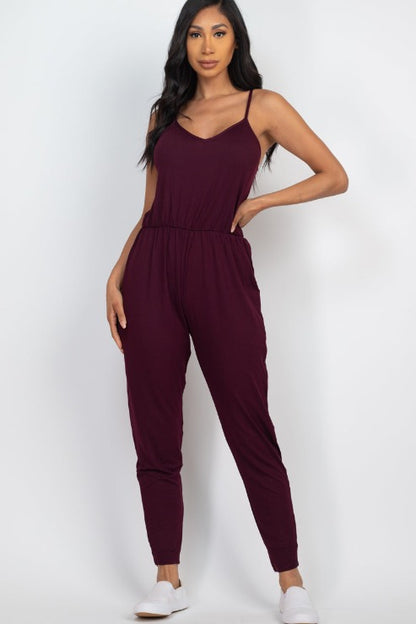 Solid Spaghetti Strap Elastic Waist Jumpsuit - Wholesale Capella Apparel