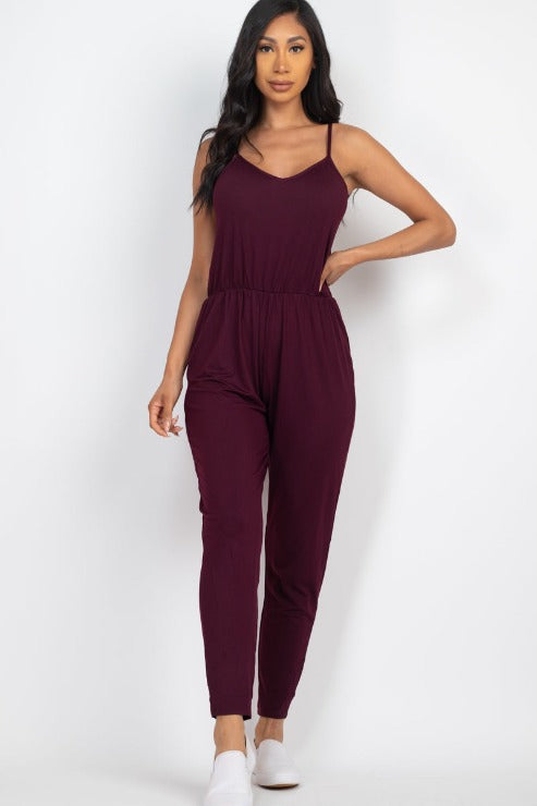 Solid Spaghetti Strap Elastic Waist Jumpsuit - Wholesale Capella Apparel