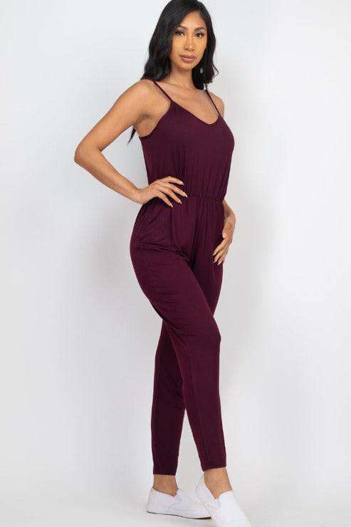 Solid Spaghetti Strap Elastic Waist Jumpsuit - Wholesale Capella Apparel