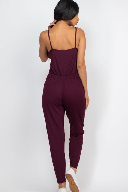 Solid Spaghetti Strap Elastic Waist Jumpsuit - Wholesale Capella Apparel