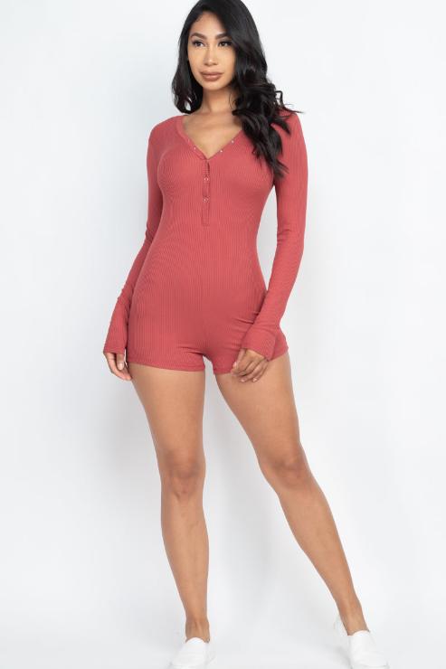 Ribbed Button Neck Long Sleeve Bodycon Romper - Wholesale Capella Apparel