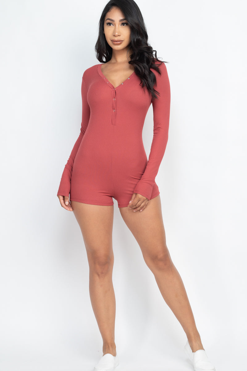 Ribbed Button Neck Long Sleeve Bodycon Romper (CAPELLA) - Capella Apparel