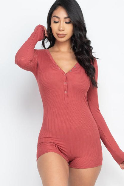 Ribbed Button Neck Long Sleeve Bodycon Romper - Wholesale Capella Apparel